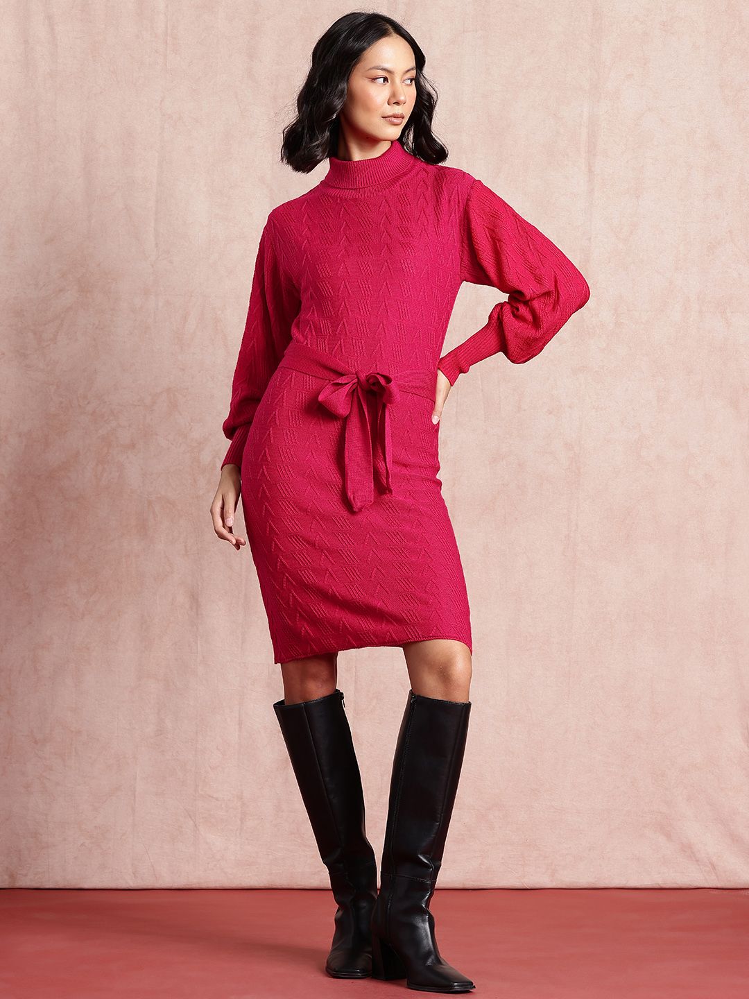 all about you Turtle Neck Belted Puff Sleeve Sweater Dress