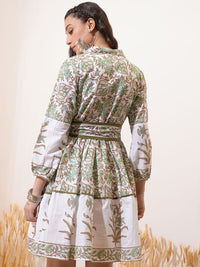 Vishudh Green Floral Printed Puff Sleeve Tie-Ups Fit & Flare Dress With Belt
