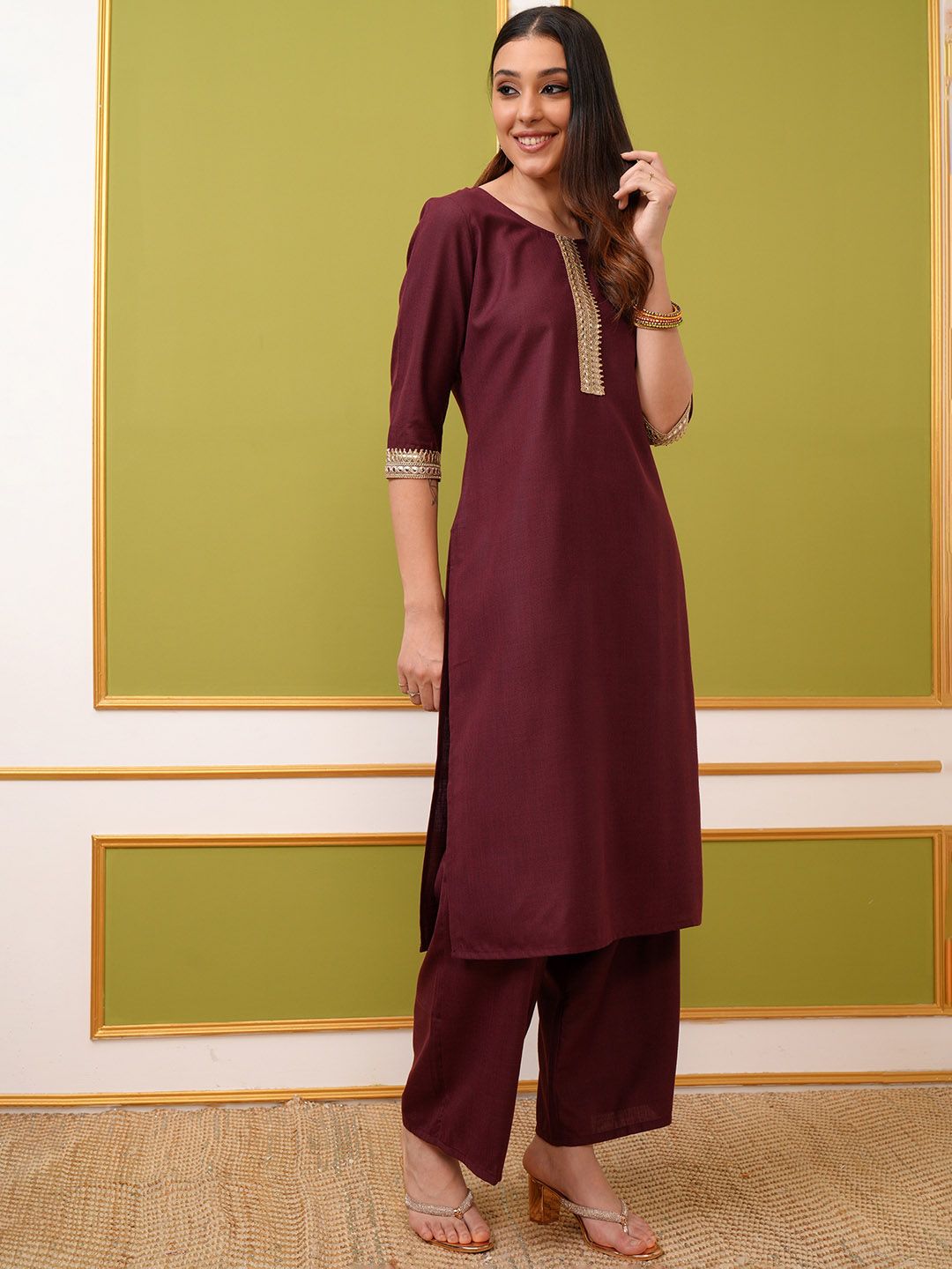 Vishudh Burgundy Yoke Design Thread Work Straight Kurta & Palazzos With Dupatta