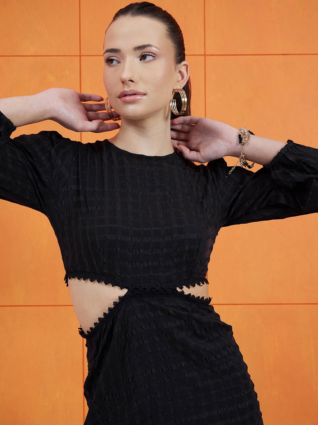 STREET 9 Self Design Round Neck Puff Sleeves Cut-Outs A-Line Dress