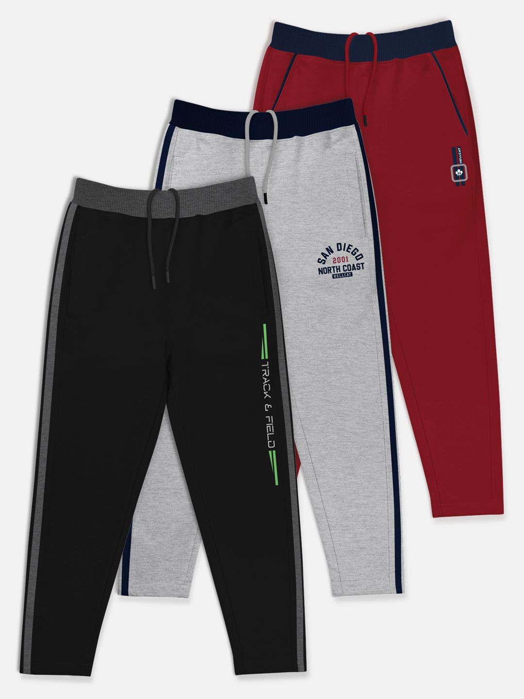 HELLCAT Boys Set Of 3 Solid Cotton Track Pants