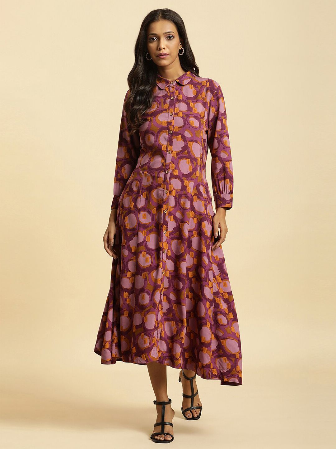 W Floral Printed Shirt Collar Cuffed Sleeves Shirt Style Dress