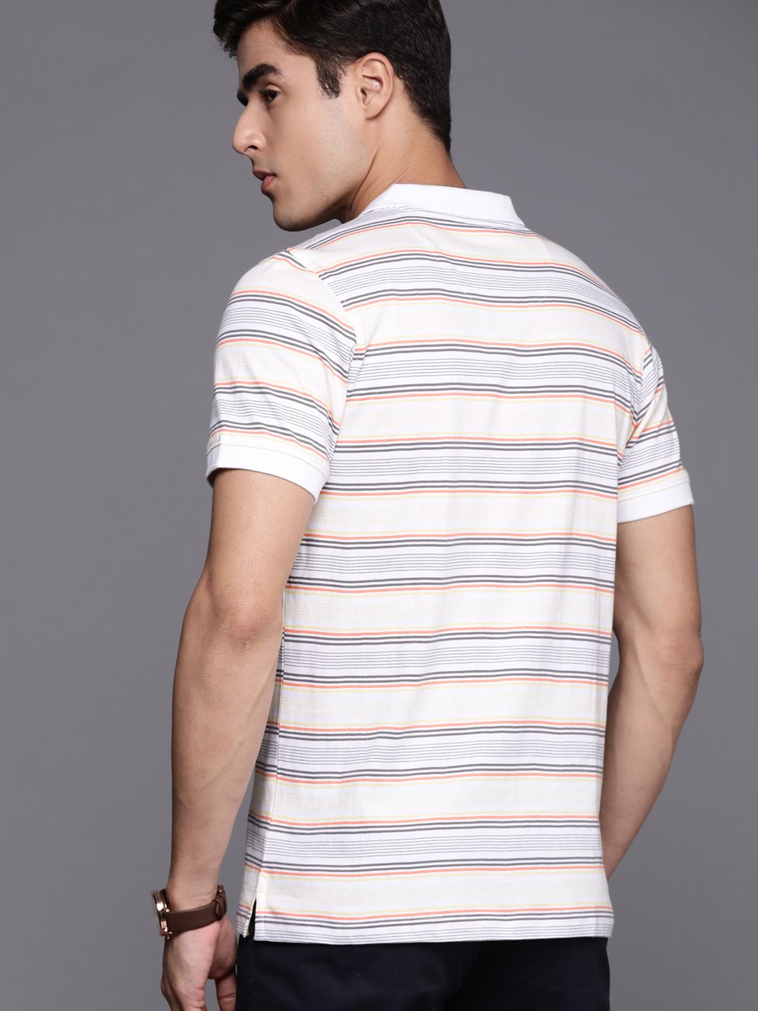 Raymond Men White & Yellow Striped Polo Collar Pure Cotton T-shirt