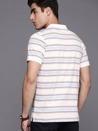 Raymond Men White & Yellow Striped Polo Collar Pure Cotton T-shirt