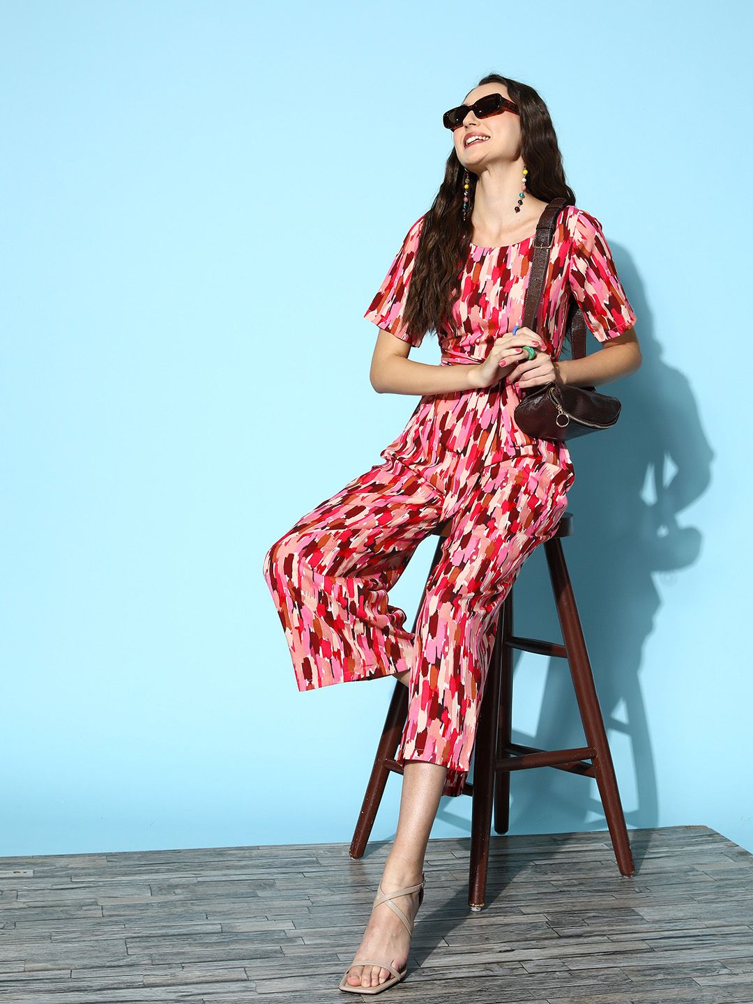 Berrylush Women Pink Printed Belted Detail Jumpsuit