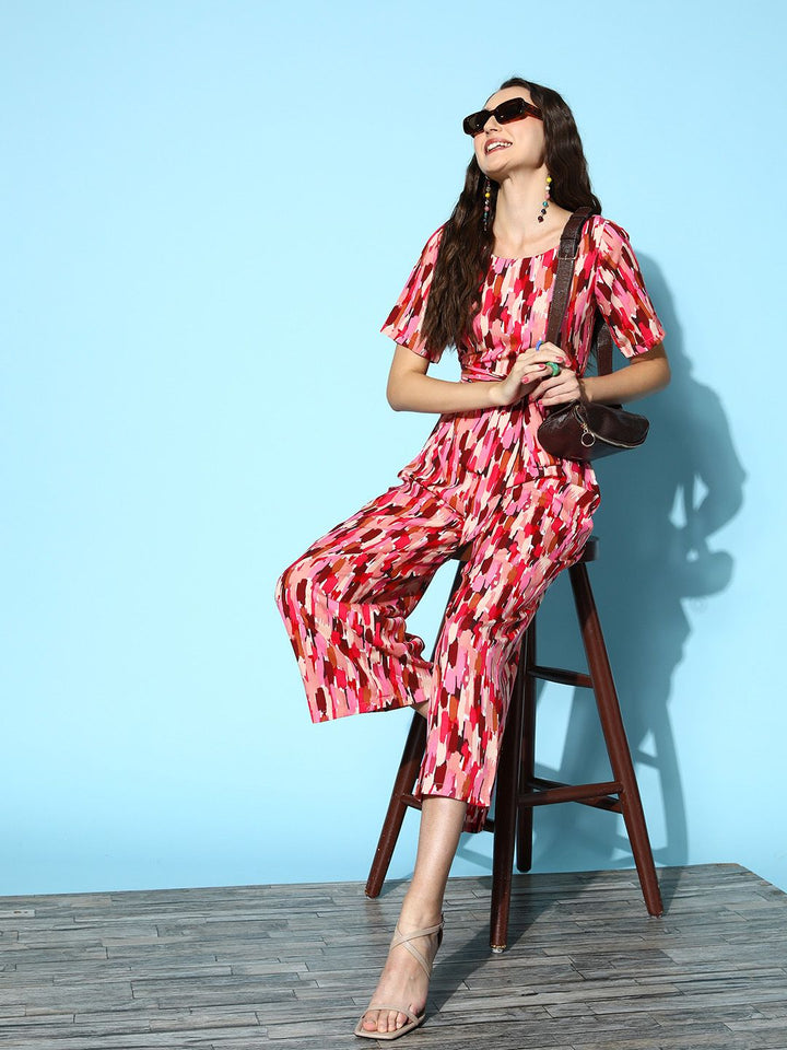 Berrylush Women Pink Printed Belted Detail Jumpsuit