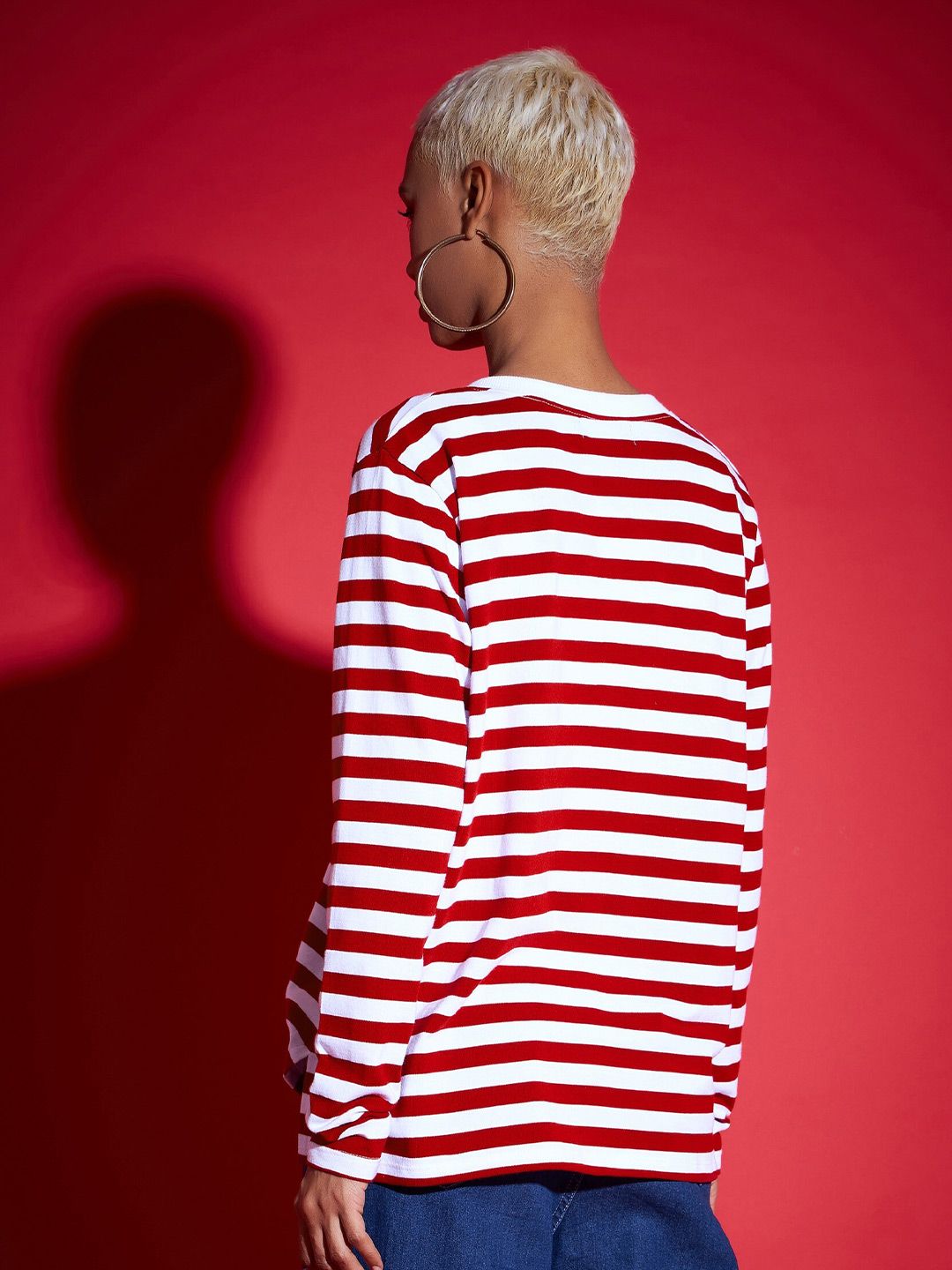 SASSAFRAS Red Striped V-Neck Long Sleeves Pure Cotton Pullover Sweatshirt