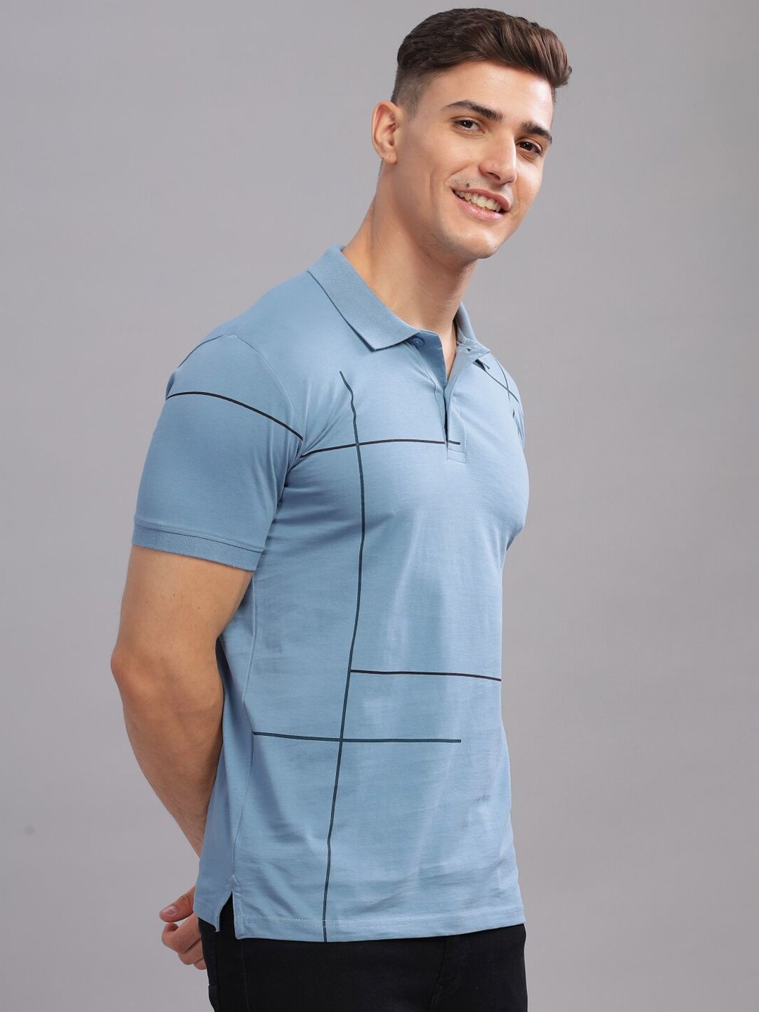 ADRO Geometric Printed Polo Collar Short Sleeves Cotton Oversized Casual T-shirt