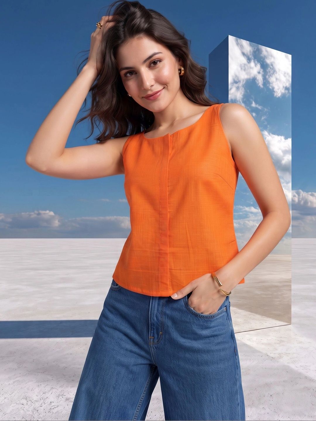 Mamicha Women Orange Slub Woven Keyhole Back Tie-Up Sleeveless Top