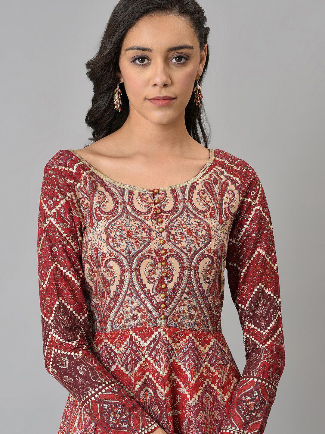 W Maroon & Beige Ethnic Motifs Chiffon Ethnic Maxi Dress