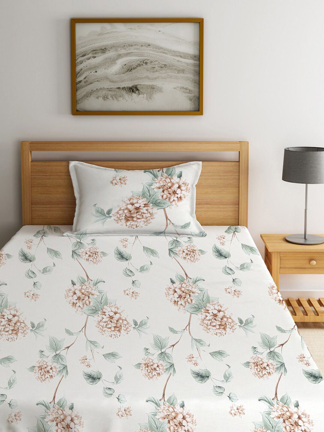 KLOTTHE White & Green Floral 300 TC Single Bedsheet with 1 Pillow Cover