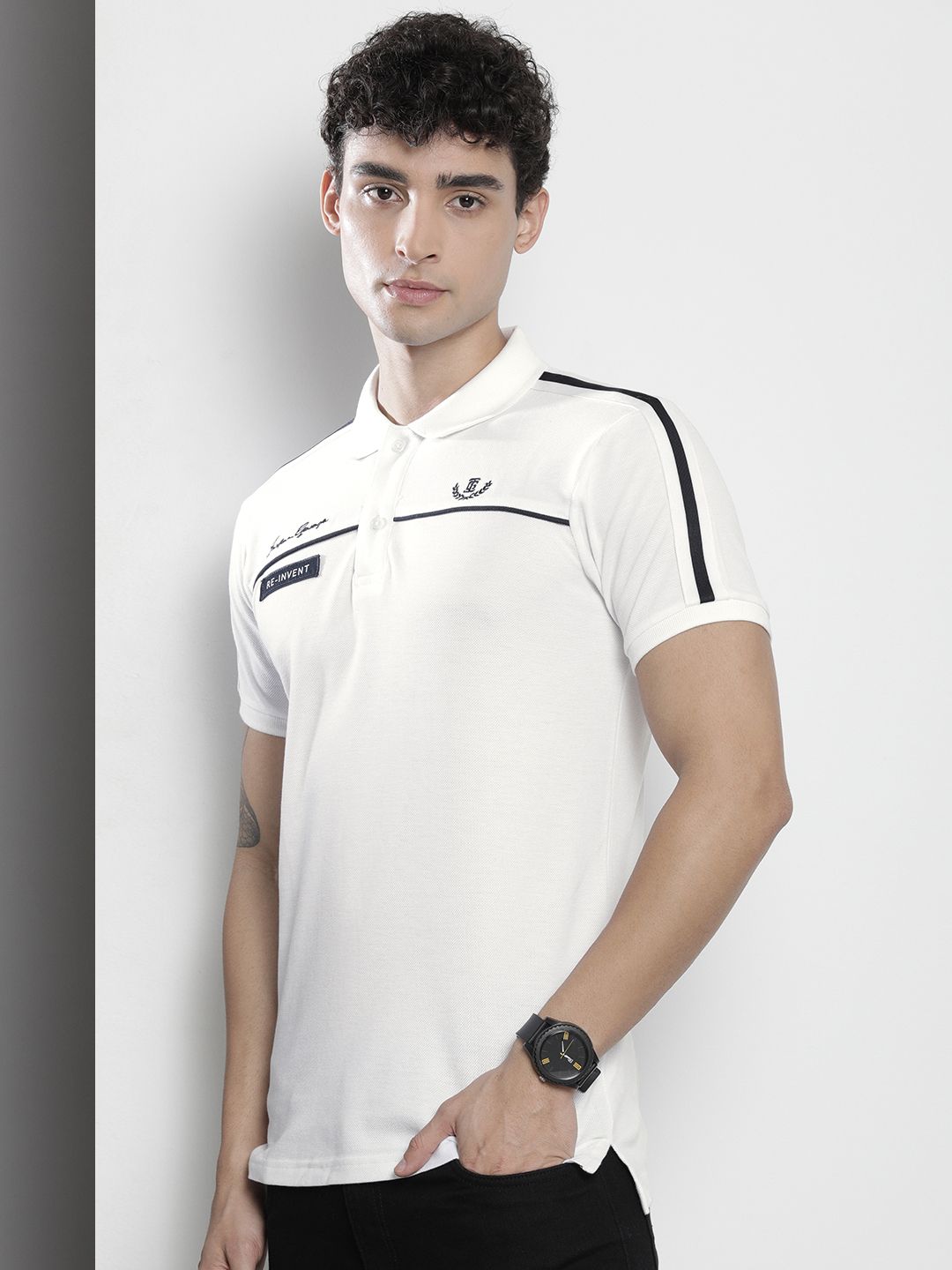 The Indian Garage Co Men White & Black Brand Logo Printed Polo Collar Slim Fit T-shirt