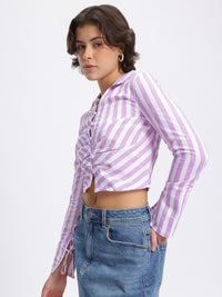 DressBerry Striped Ruched Shirt Style Crop Top