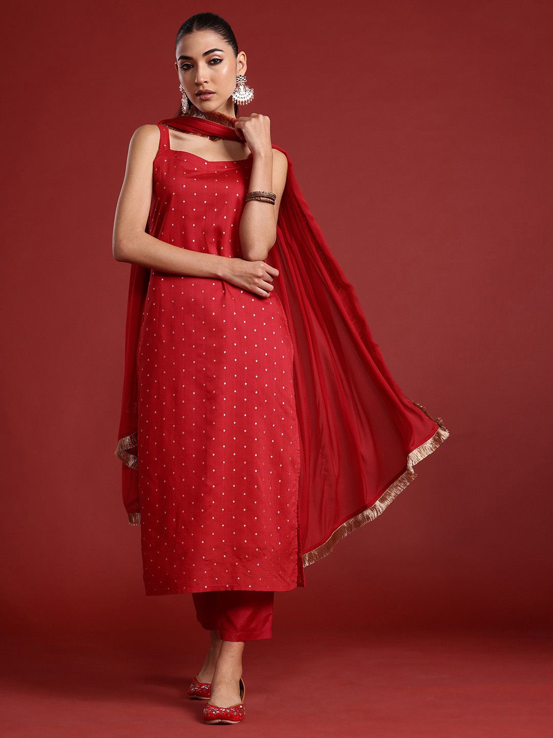 Indo Era Zari Chanderi Silk Kurta With Trousers & Dupatta