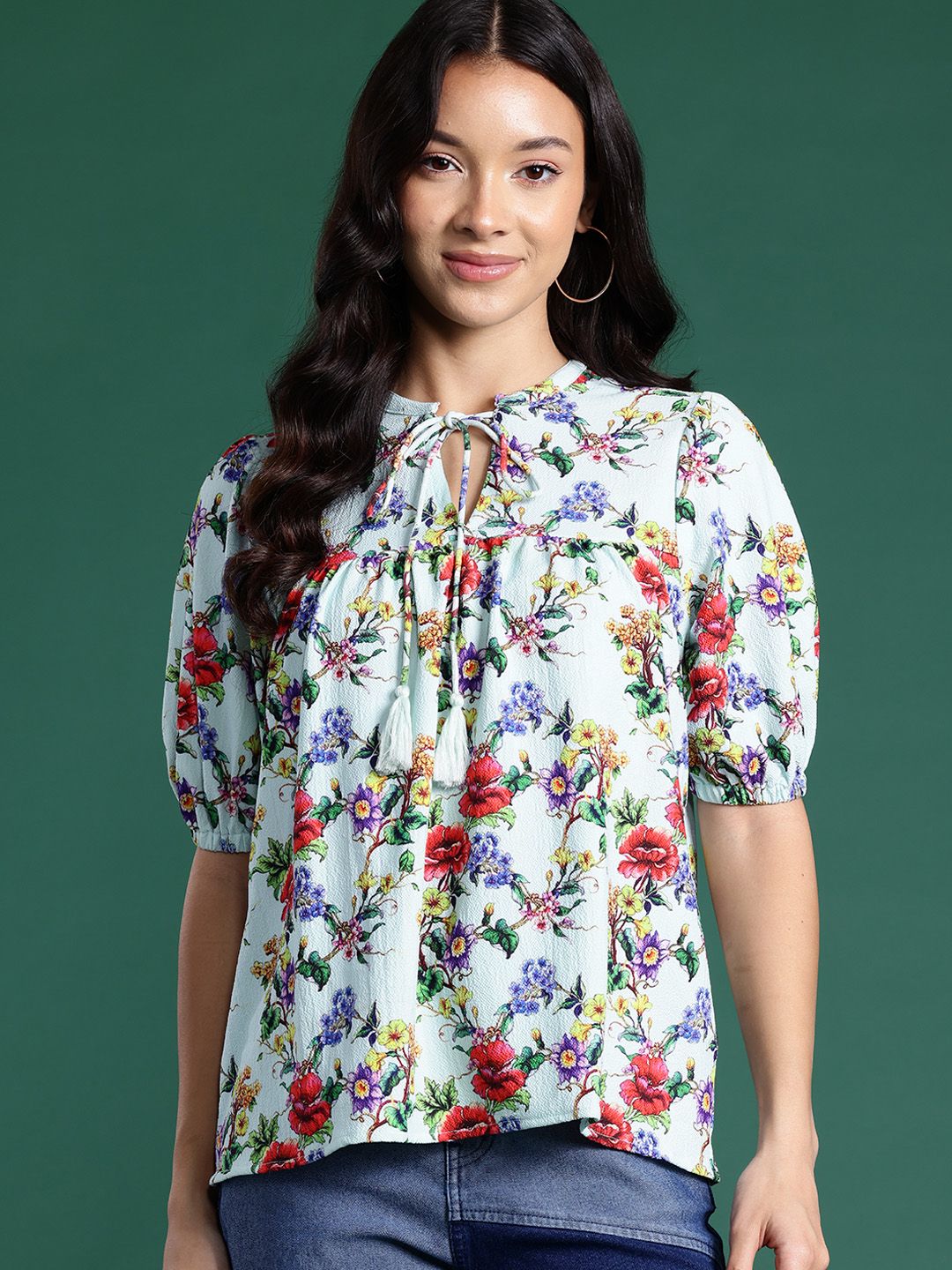 DressBerry Floral Print Tie-Up Neck Top