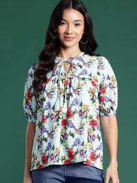DressBerry Floral Print Tie-Up Neck Top