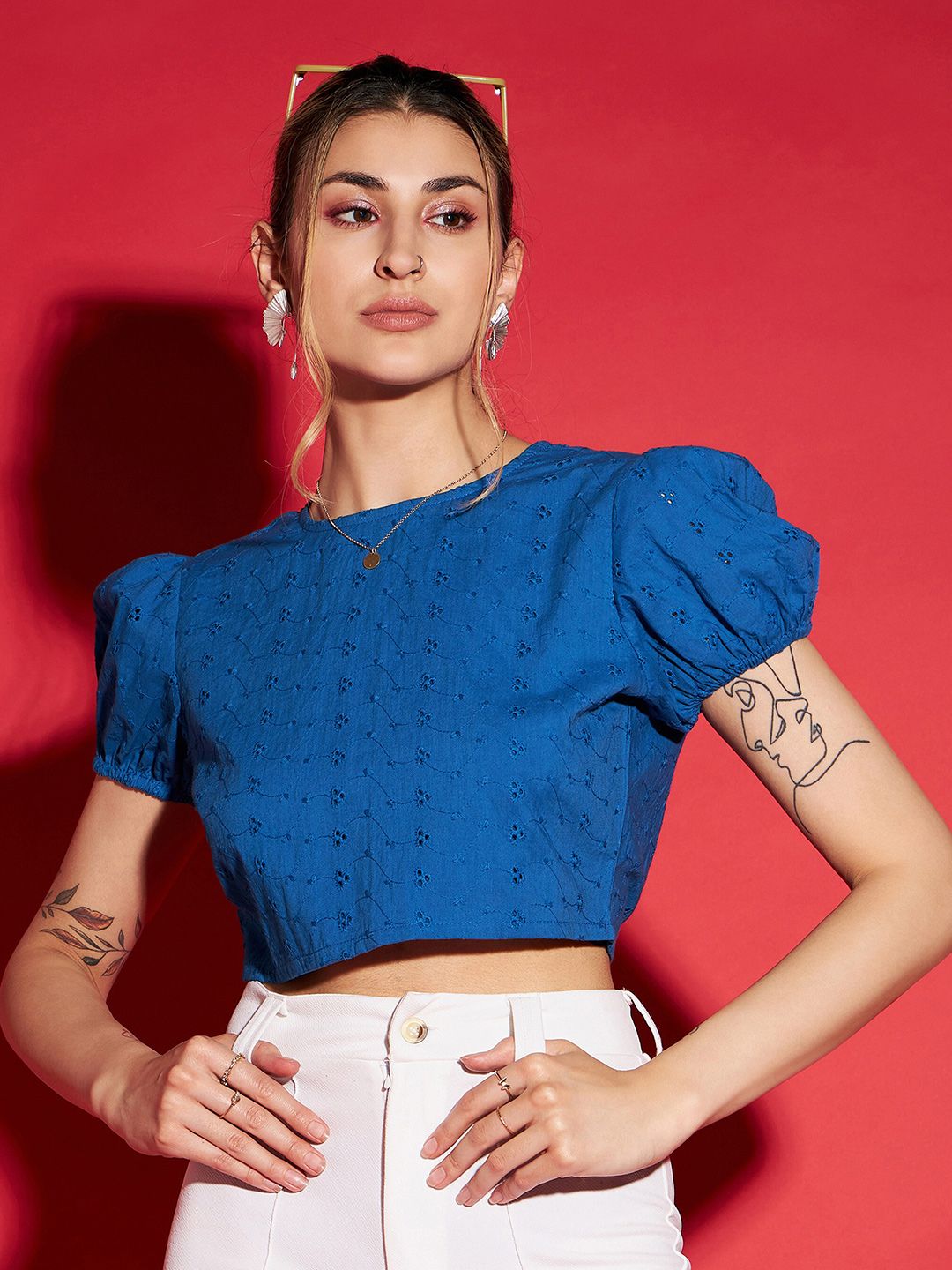 SASSAFRAS Puff Sleeve Cotton Schiffli Crop Top