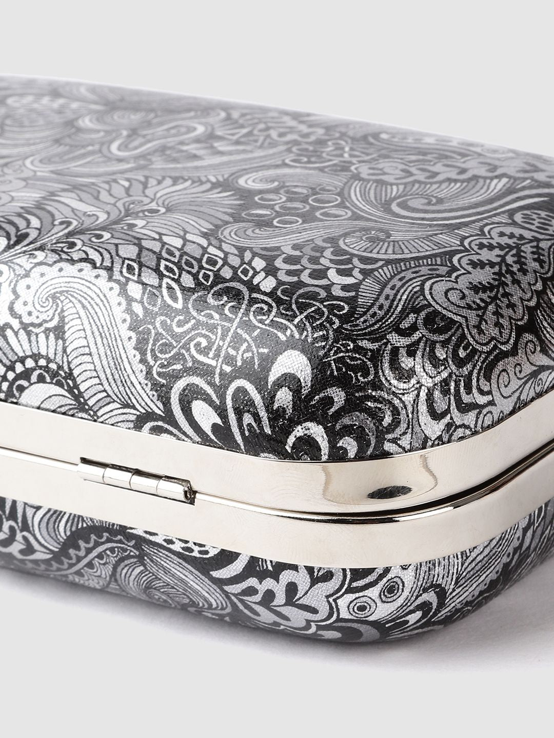 Lino Perros Black & Silver-Toned Printed Box Clutch with Detachable Sling Strap