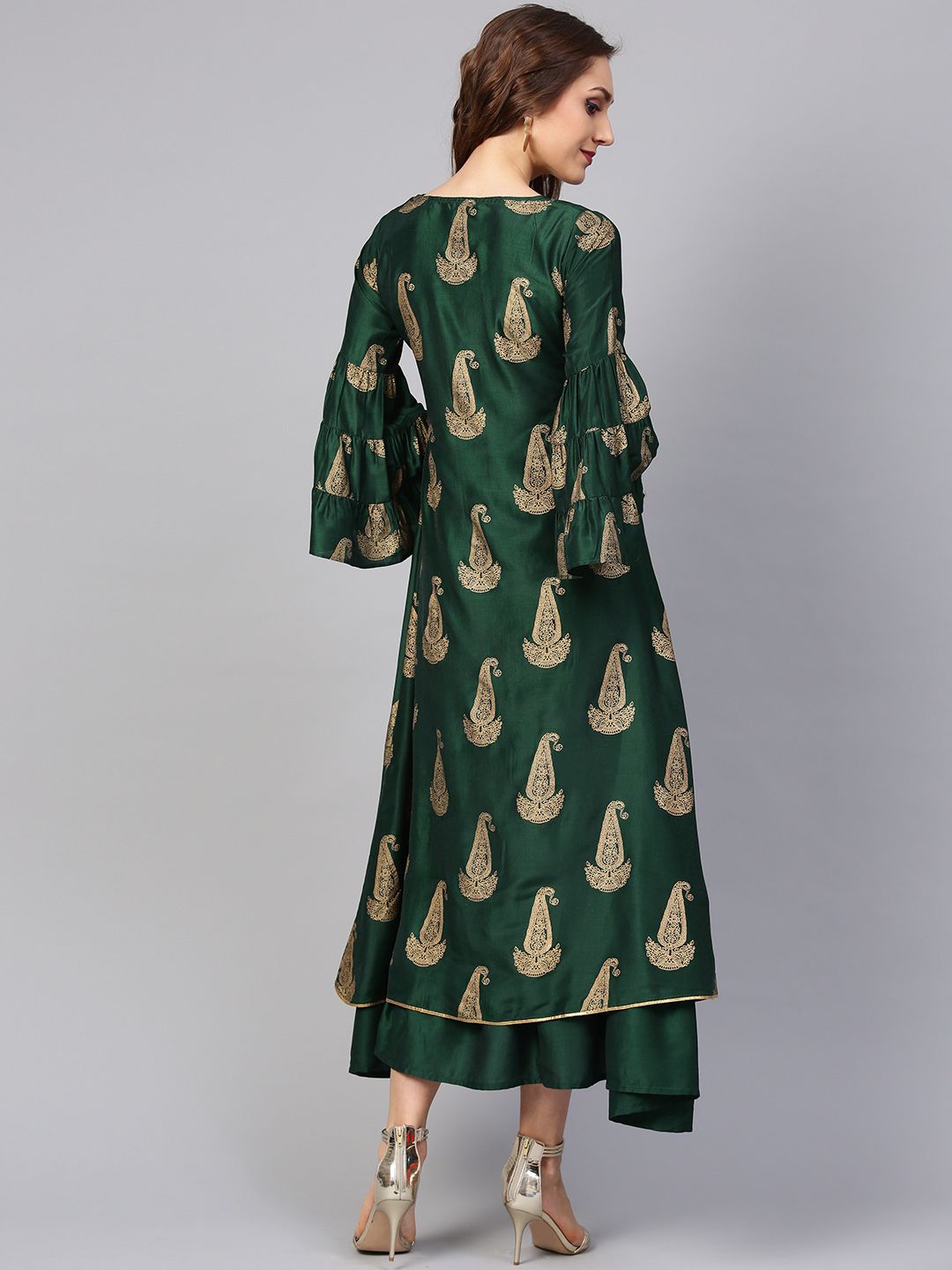 Libas Women Green & Golden Printed Maxi Dress With Ethnic Jacket