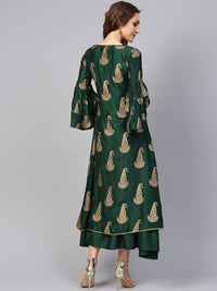 Libas Women Green & Golden Printed Maxi Dress With Ethnic Jacket