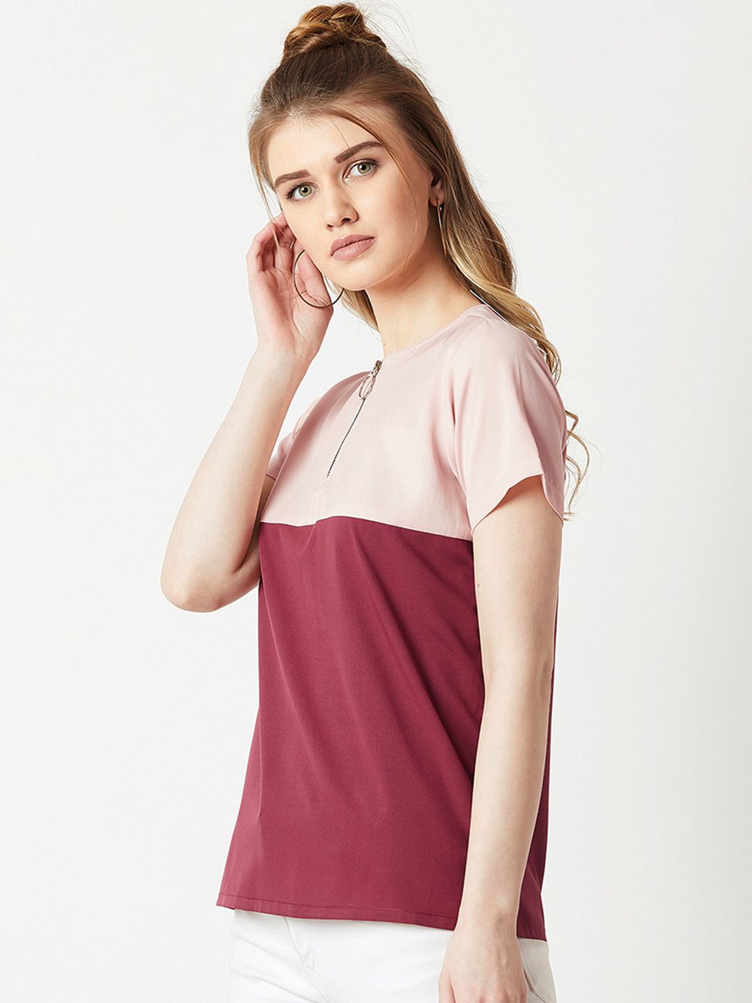 Miss Chase Women Maroon & Pink Colourblocked Top