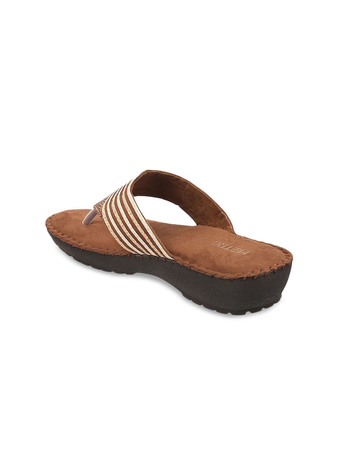Metro Women Brown Embellished T-Strap Flats