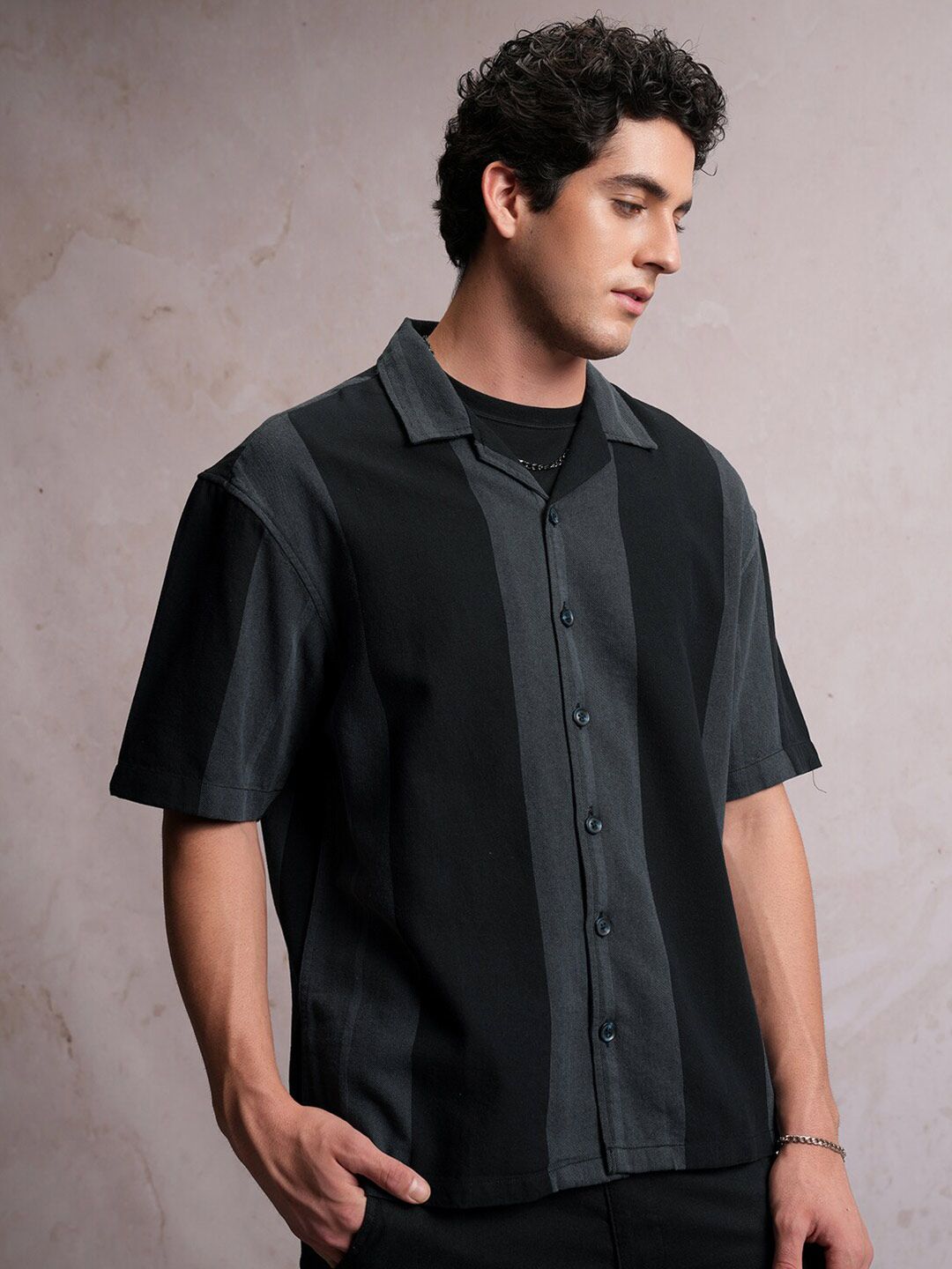LOCOMOTIVE Dobby Textured Striper Camp Collar Oversized Shirt