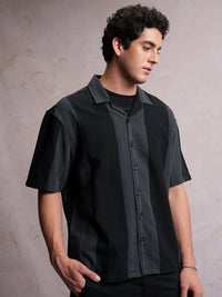 LOCOMOTIVE Dobby Textured Striper Camp Collar Oversized Shirt