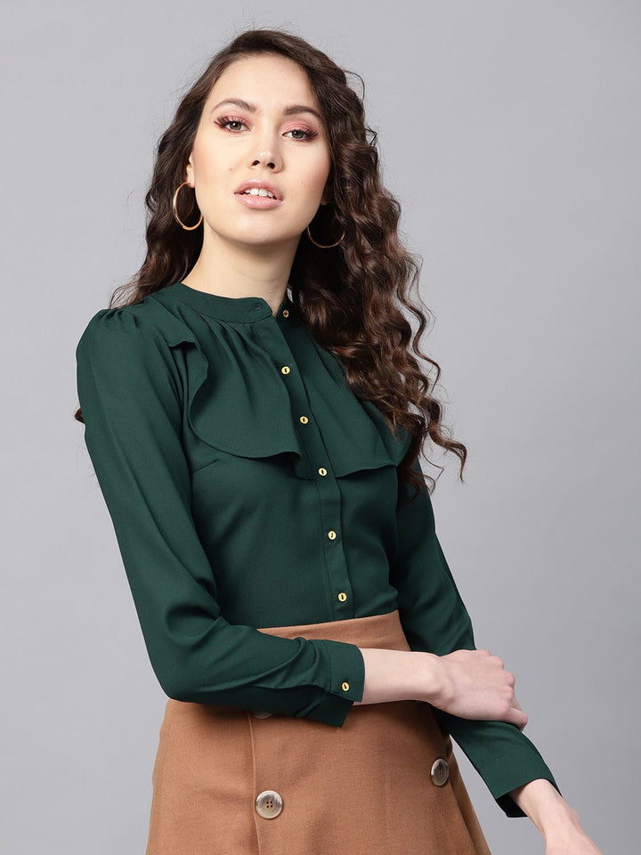 SASSAFRAS Green Ruffled Shirt Style Top
