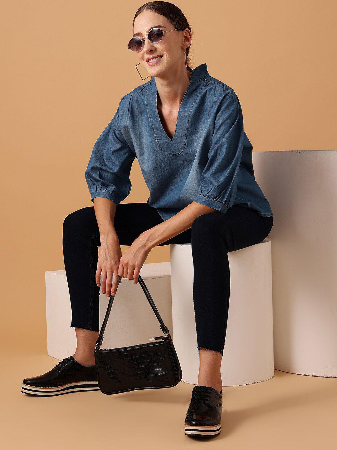 STREET 9 Mandarin Collar Cotton Denim Top