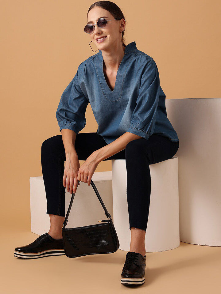 STREET 9 Mandarin Collar Cotton Denim Top