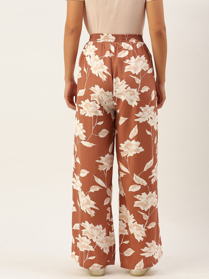 Berrylush Women Brown Floral Printed Relaxed High-Rise Trousers
