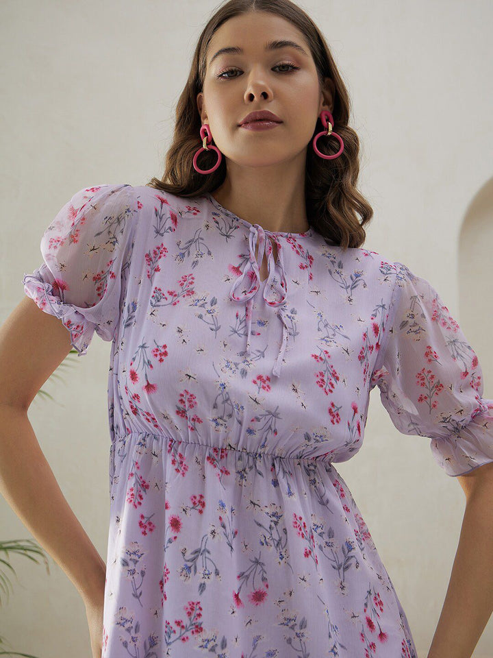 Berrylush Purple Floral Printed Tie-Up Neck Puff Sleeves Gathered A-Line Midi Dress