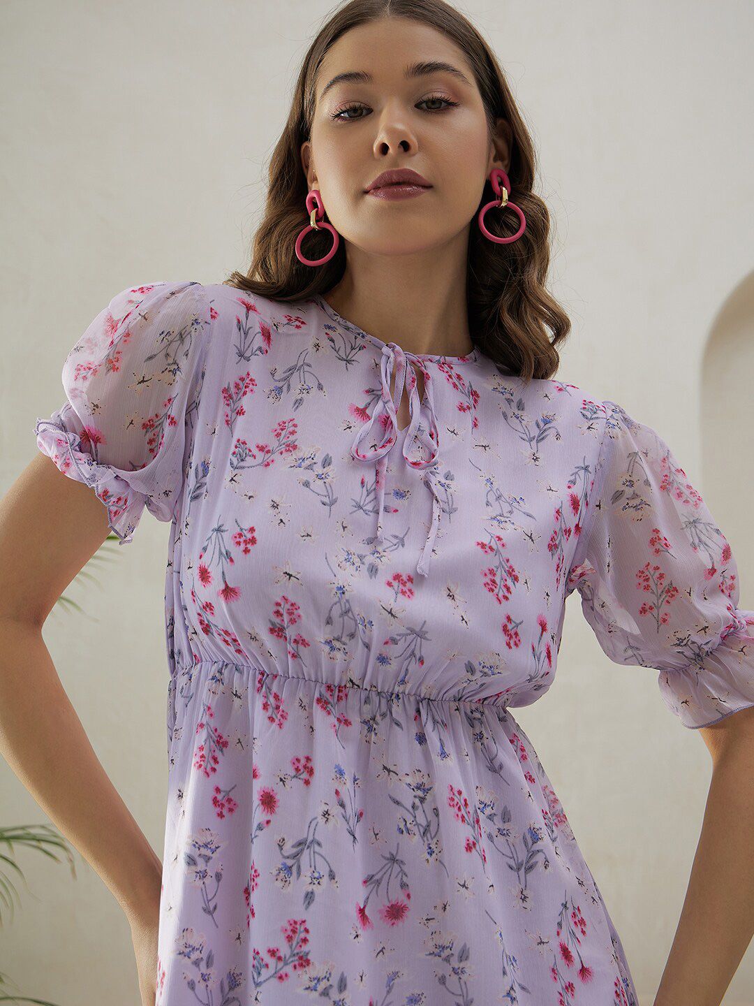 Berrylush Purple Floral Printed Tie-Up Neck Puff Sleeves Gathered A-Line Midi Dress