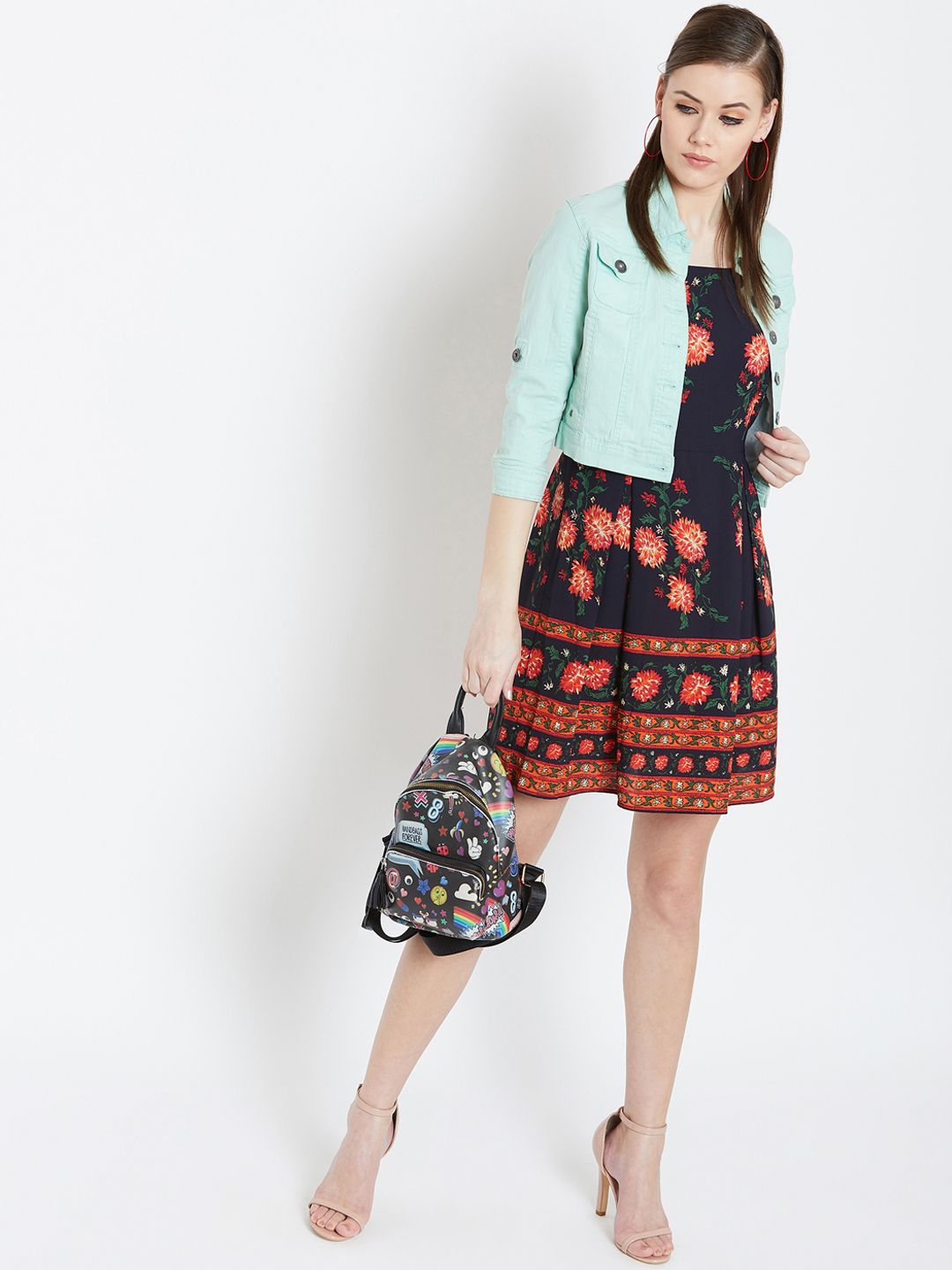 Berrylush Women Navy Blue & Orange Floral Printed Fit and Flare Dress