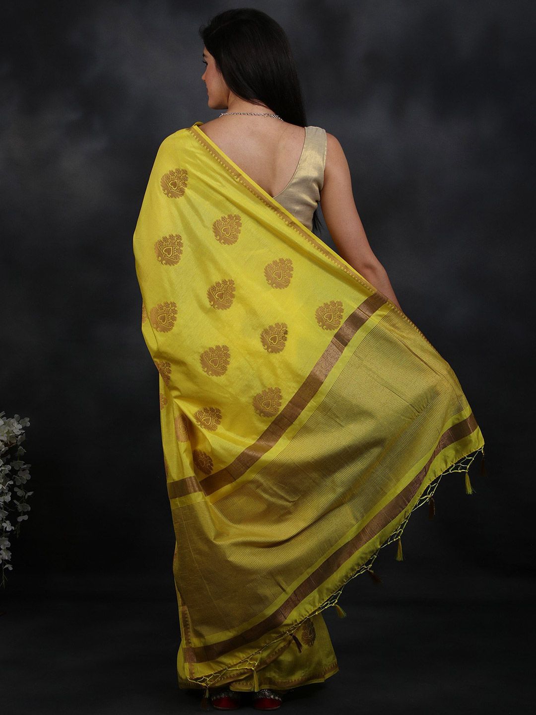 Exotic India Empire Yellow Woven Gold Bootis Pattu Saree With Horizontal Zari Work Pallu