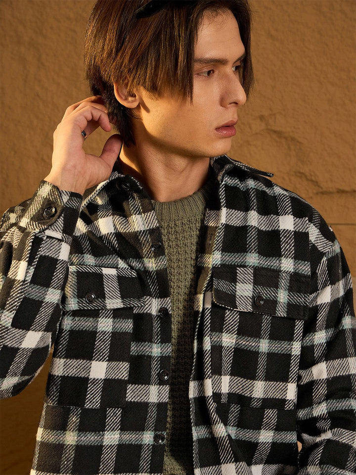 DENNISON Men Double Pocket Drop Shoulder Oversized Cotton Checked Shacket