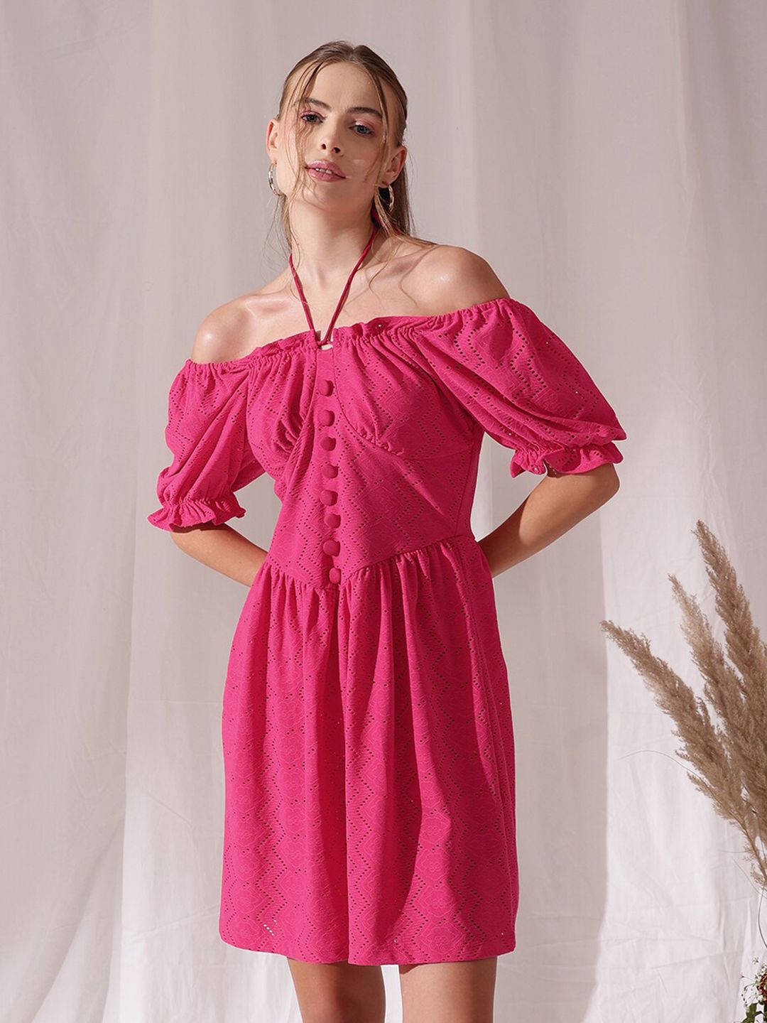 STREET 9 Off-Shoulder Puff Sleeve Schfilli Fit and Flared Dress