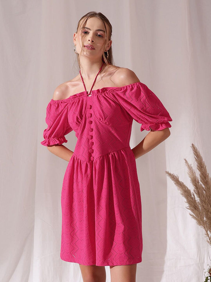 STREET 9 Off-Shoulder Puff Sleeve Schfilli Fit and Flared Dress
