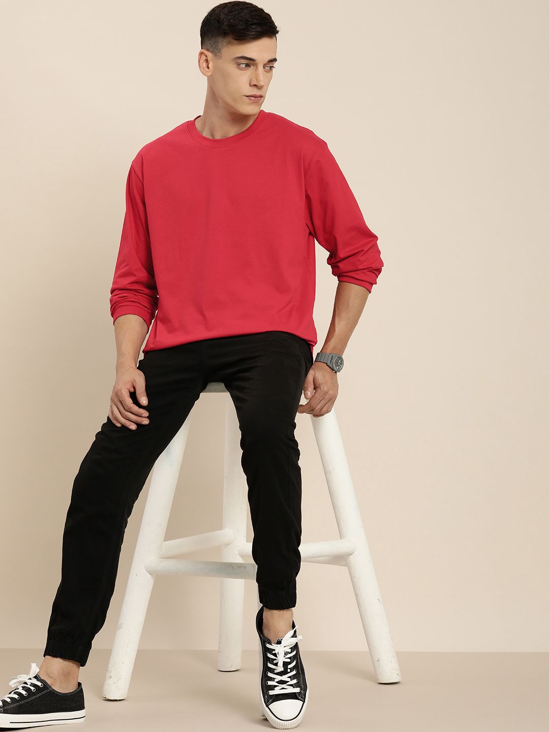 Difference of Opinion Men Red Cotton Drop-Shoulder Sleeves Oversized T-shirt
