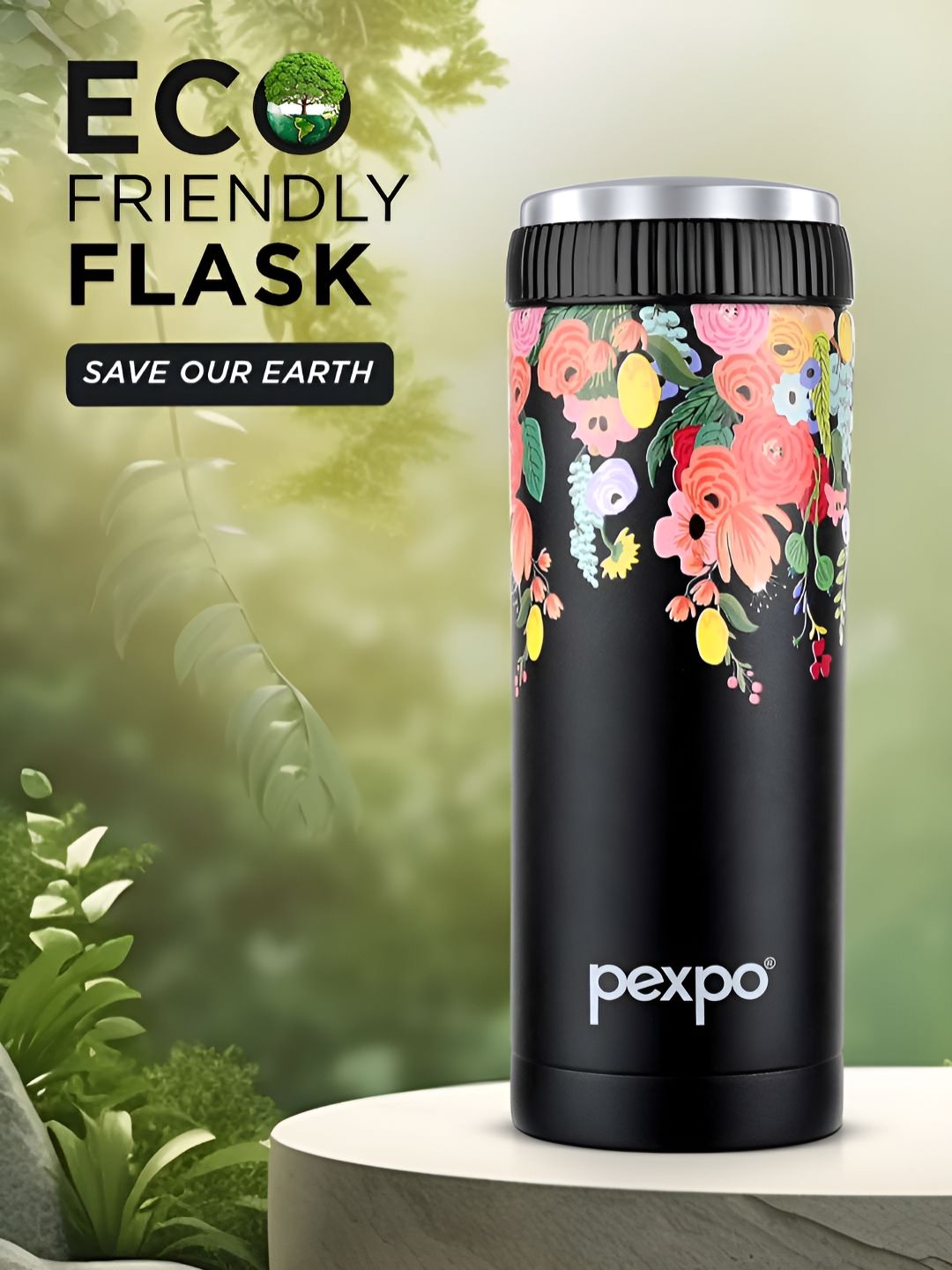 Pexpo Black & Pink Floral Printed Stainless Steel Double Wall Vacuum Water Bottle 430ml