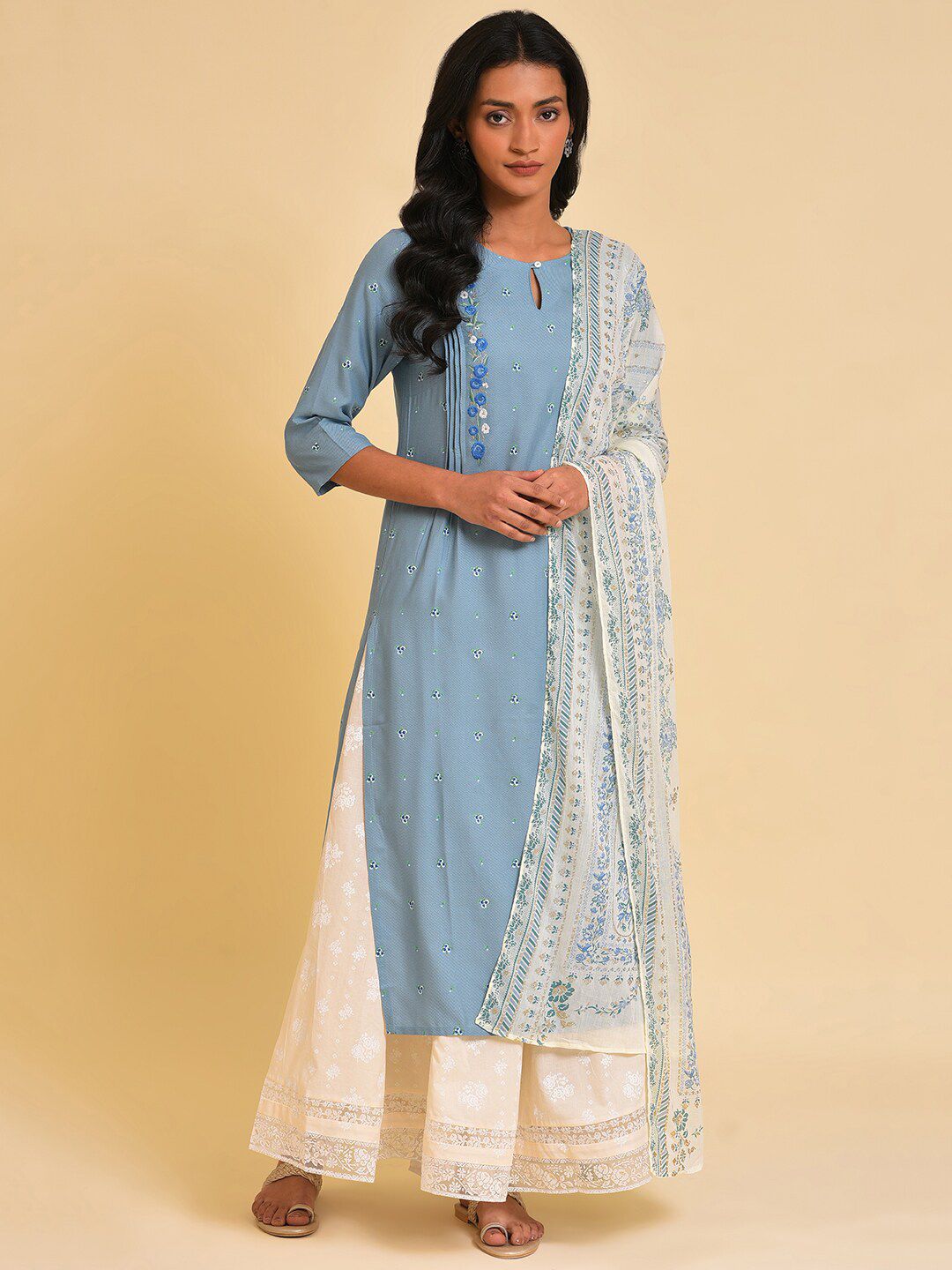 W Blue Floral Embroidered Keyhole Neck Thread Work Kurta