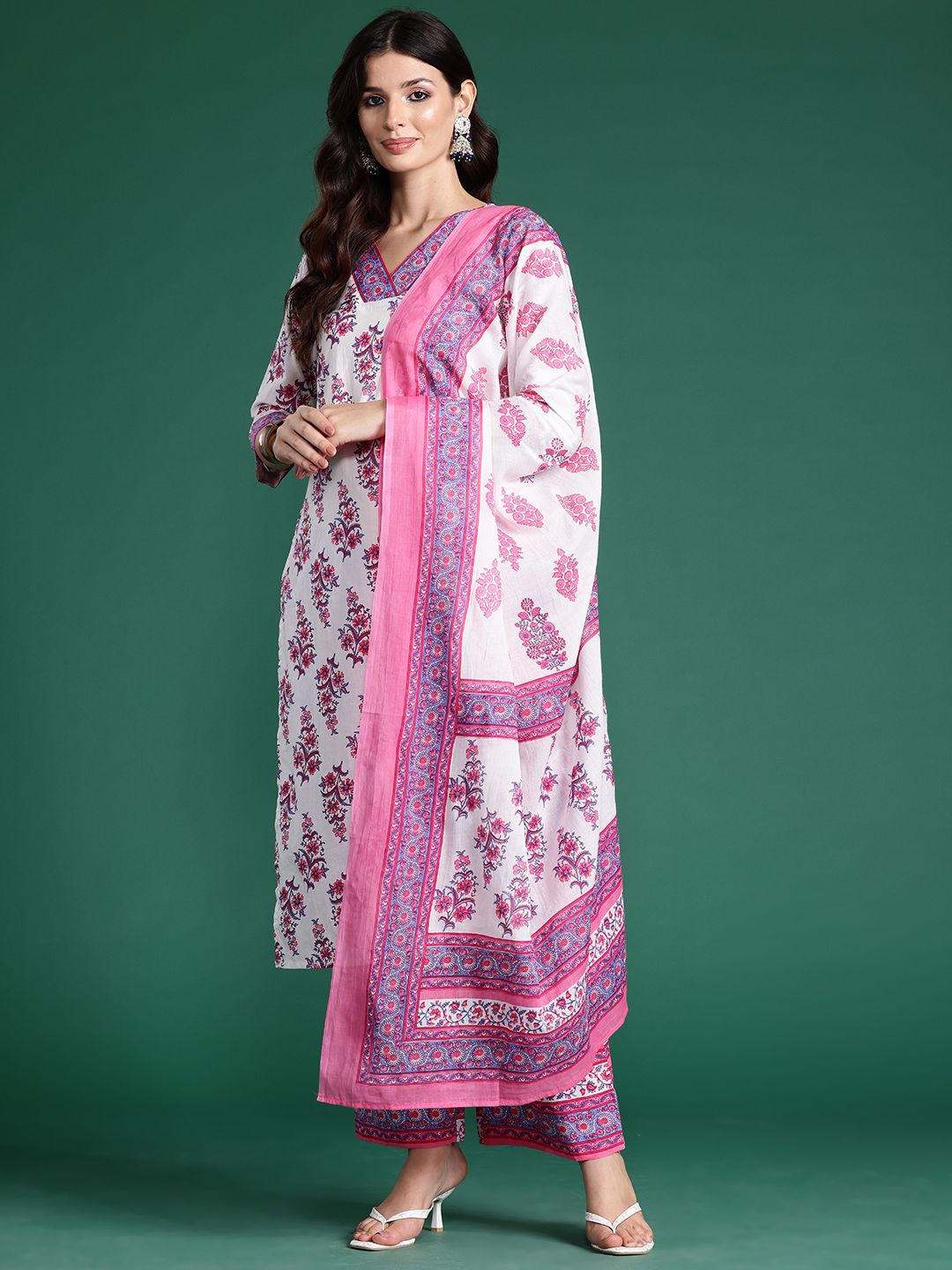 Indo Era Floral Printed Pure Cotton Kurta With Palazzos & Dupatta