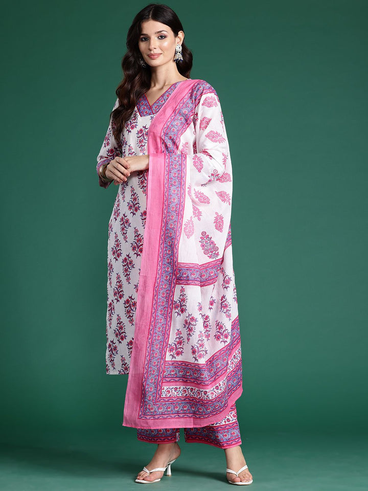 Indo Era Floral Printed Pure Cotton Kurta With Palazzos & Dupatta