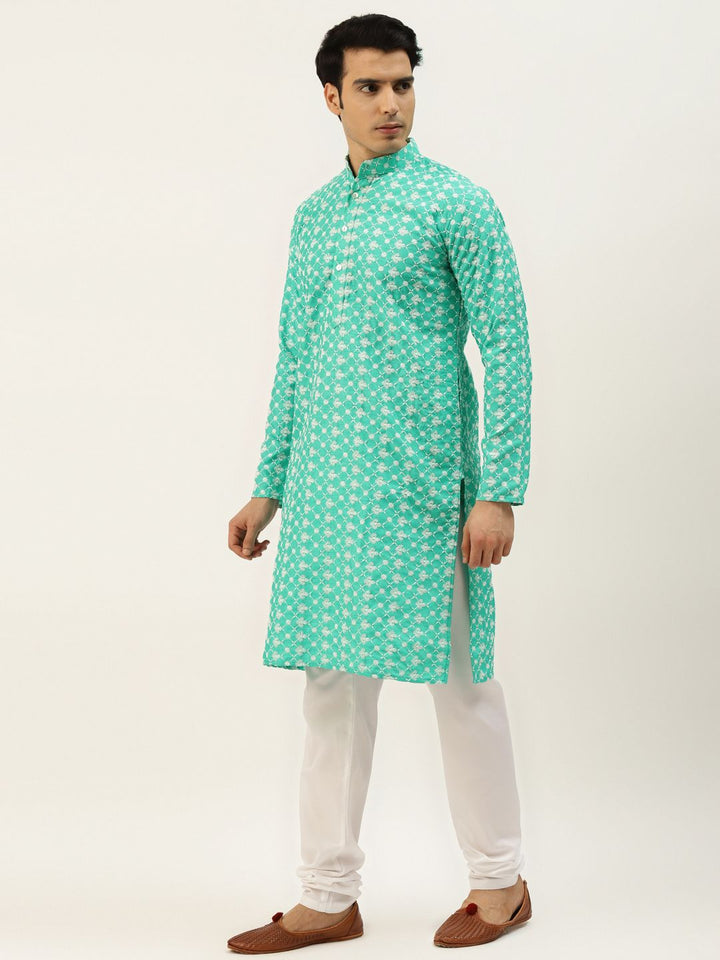 SOJANYA Men Green & Beige Embroidered Thread Work Kurta with Churidar & Nehru Jacket