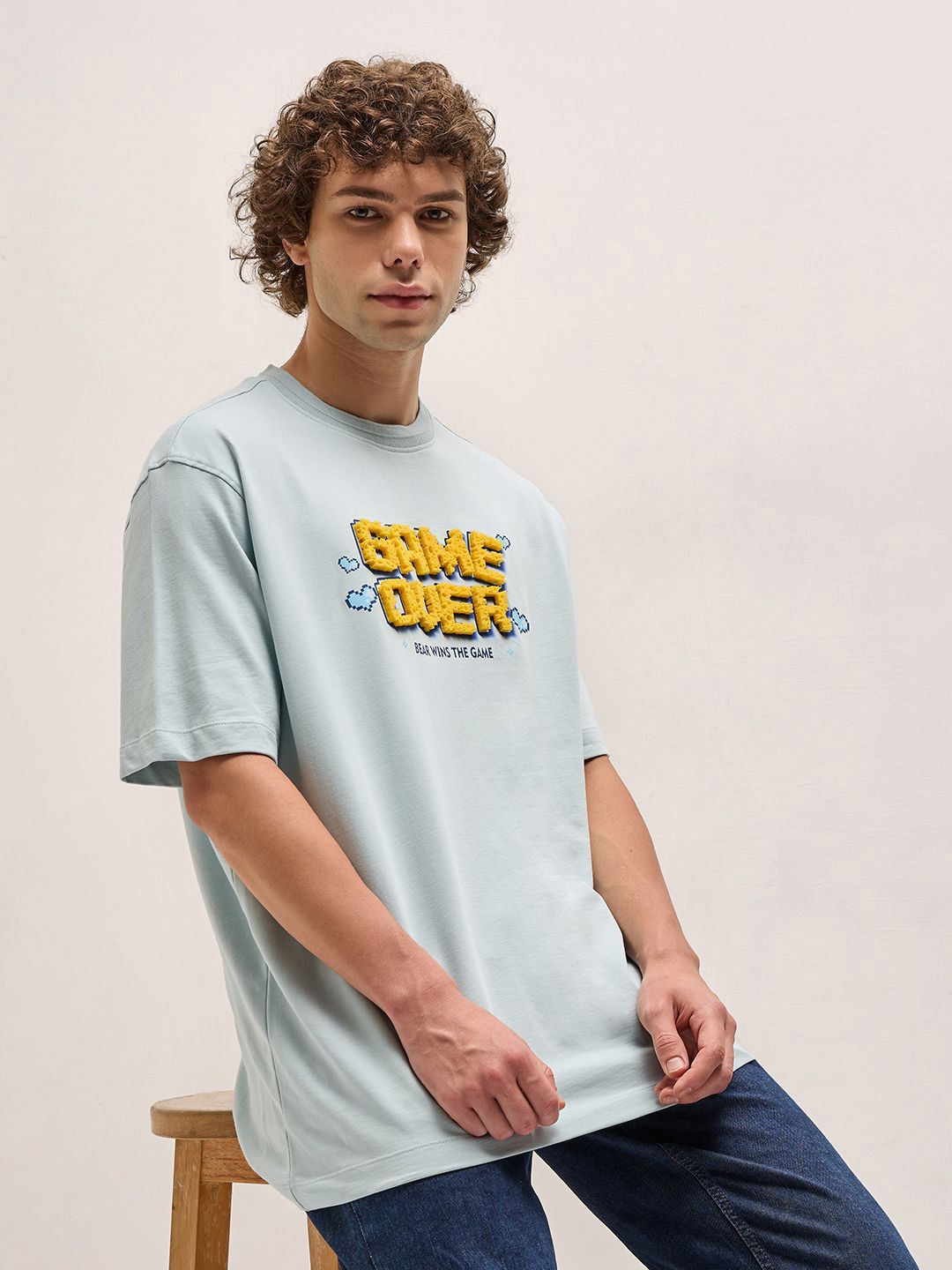 T-shirt Leher Tipografi Bear House Applique Applique T-Shirt Santai