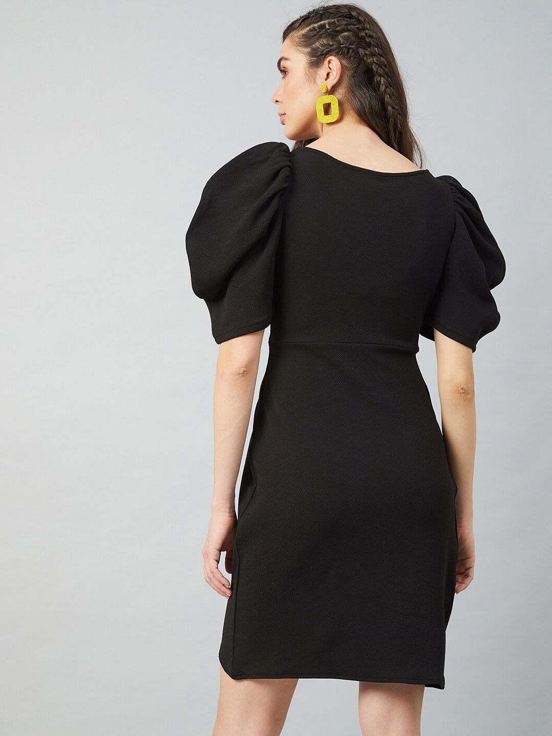 Athena Black Tulip Wrap Dress With Volume Sleeves