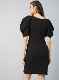 Athena Black Tulip Wrap Dress With Volume Sleeves