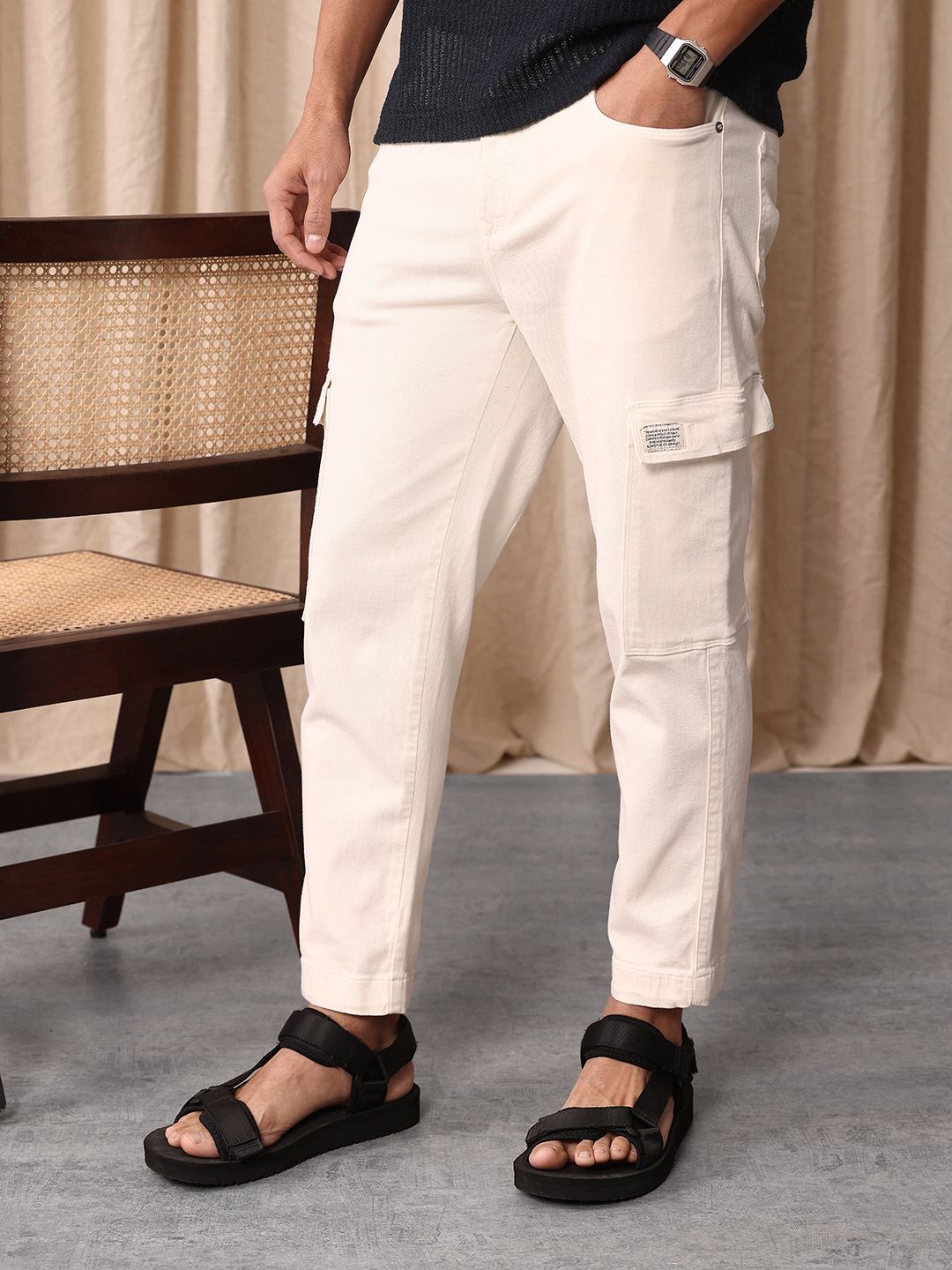 Mr Bowerbird Men Cropped Tapered Fit Light Fade Cargo Style Stretchable Jeans