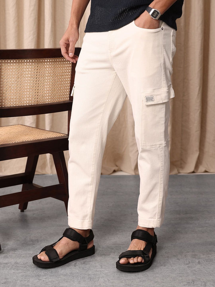Mr Bowerbird Men Cropped Tapered Fit Light Fade Cargo Style Stretchable Jeans